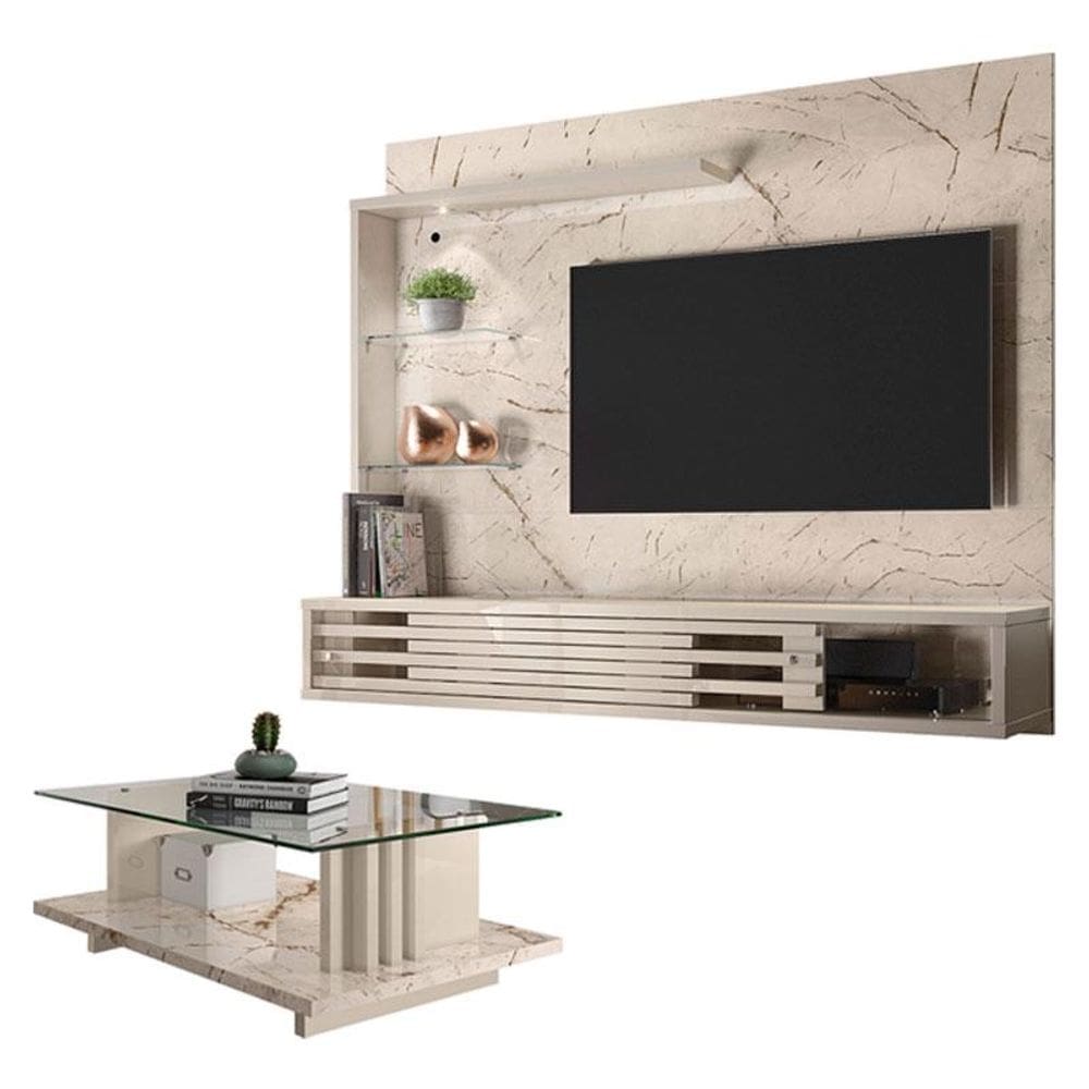 Estante Home Theater Suspenso com Mesa de Centro Frizz Select Calacata Off White - Madetec