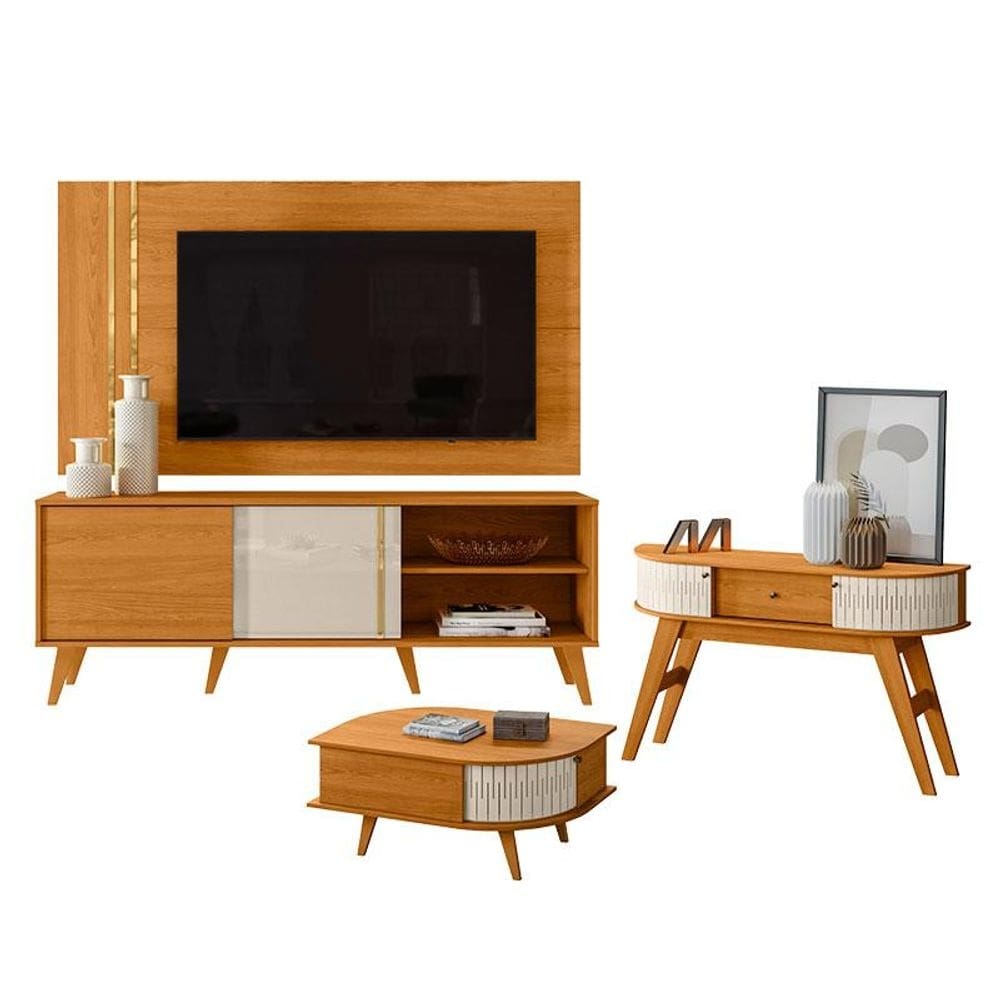 Rack Bancada e Painel para TV Cronos com Aparador Estoril e Mesa de Centro Indianápolis Cinamomo Off White - Madetec