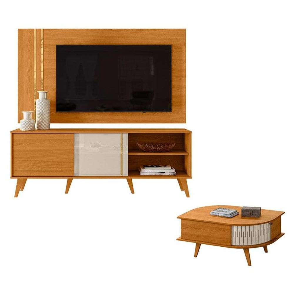 Rack Bancada e Painel para TV Cronos com Mesa de Centro Indianápolis Cinamomo Off White - Madetec