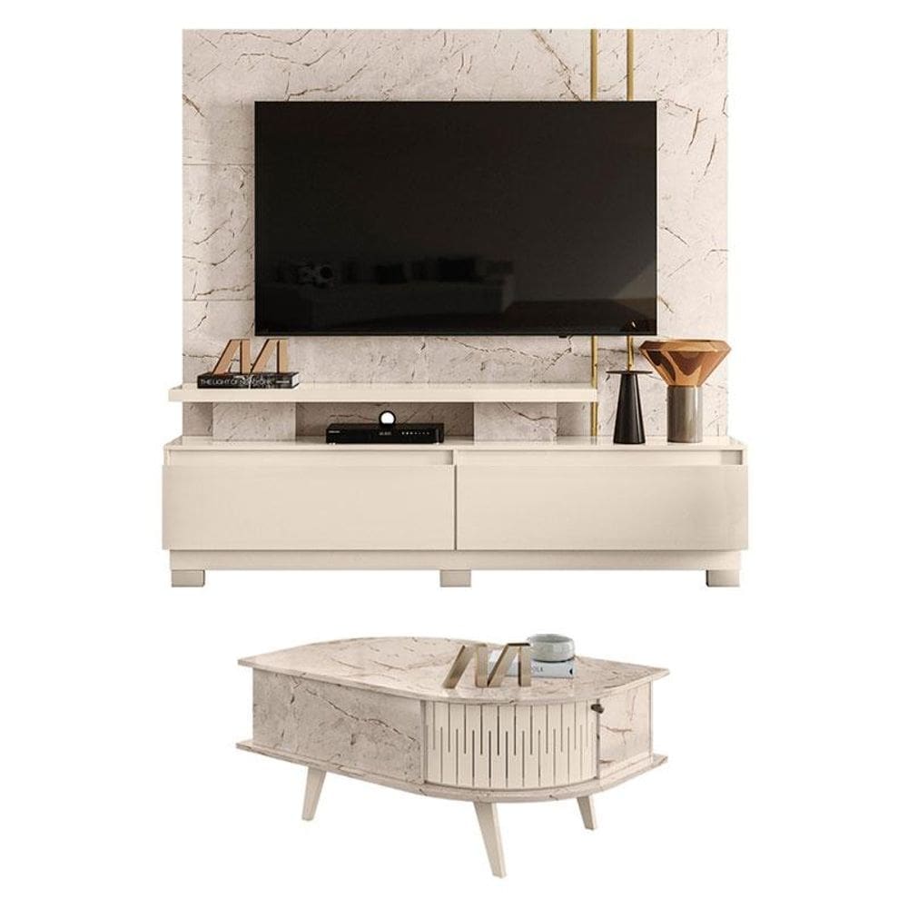 Estante Home Theater New Apolo com Pés com Mesa de Centro Indianápolis Calacata Off White - Madetec