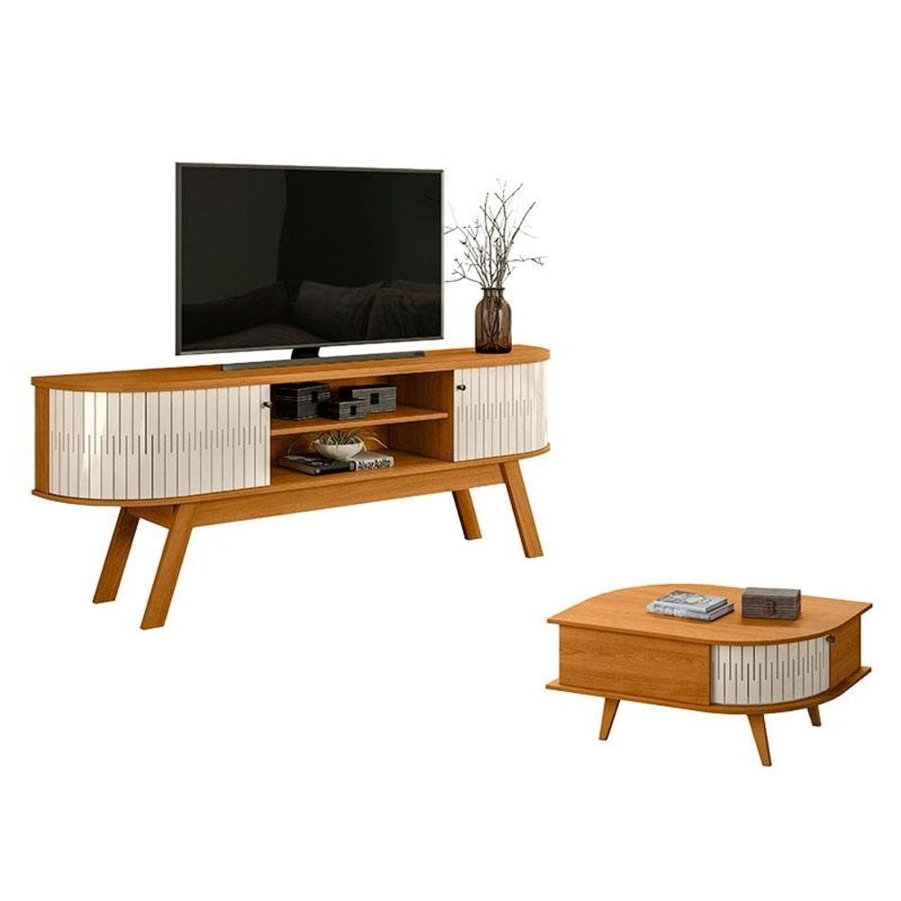 Rack Bancada Valência com Mesa de Centro Indianápolis Cinamomo Off White - Madetec