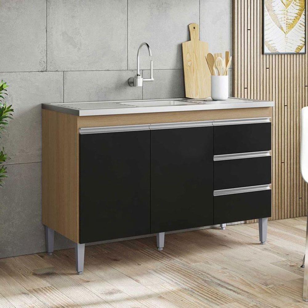 Balcão de Pia Ambiente Andréia 120 cm Amendoa Preto – AJL