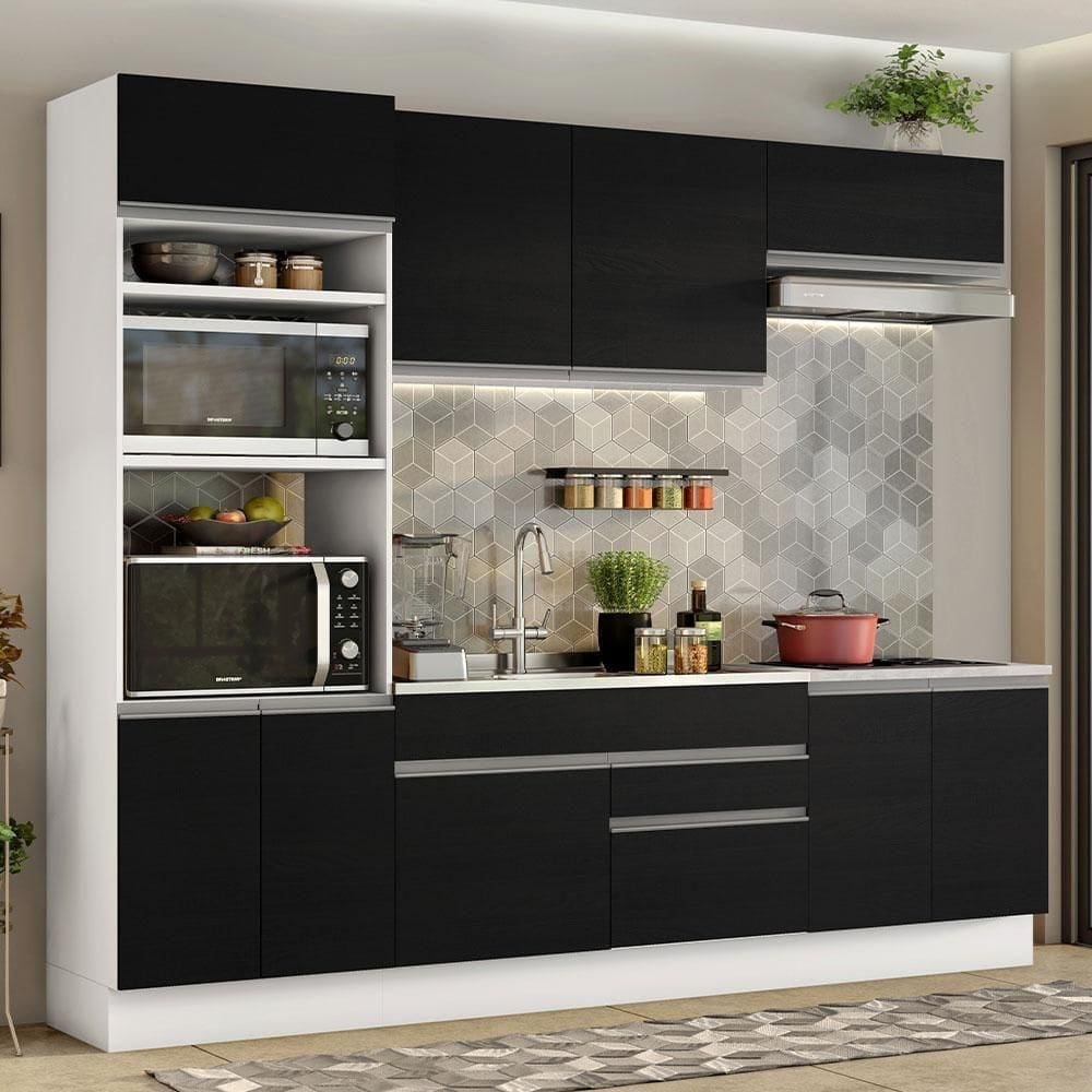 Armário De Cozinha 270cm Branco/Preto 13 Branco/Preto