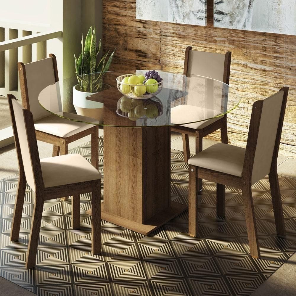Conj. Mesa Tampo De Vidro 4 Cadeiras Rustic/Crema/bege