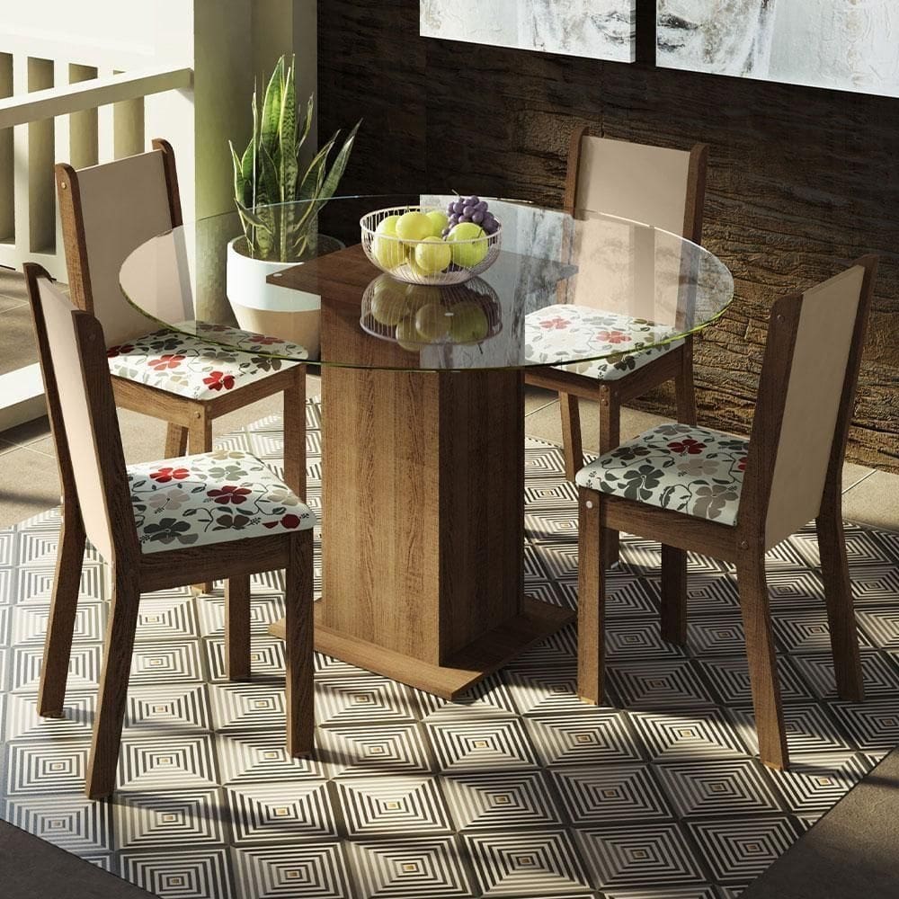 Conj. Mesa Tampo De Vidro 4 Cadeiras Rustic/Crema/hibiscos