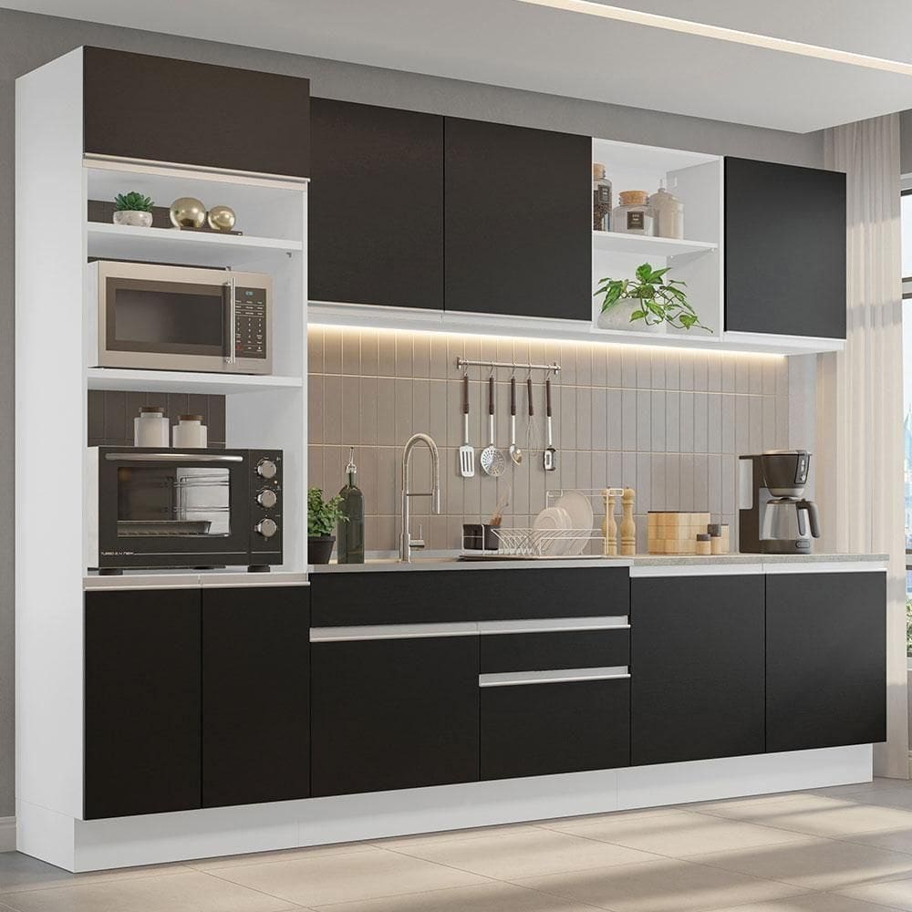 Armário De Cozinha 310cm Branco/Preto 02 Branco/Preto