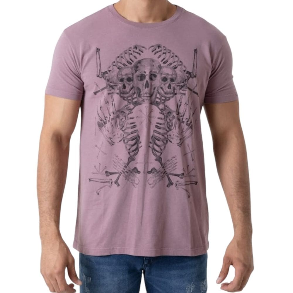 Camiseta Masculina Caveira Slim Fit Skeleton Rosa Biotwo