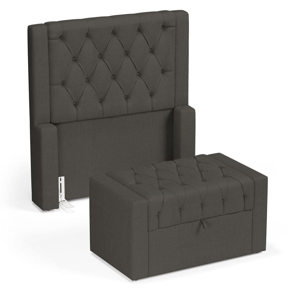 Cabeceira e Calçadeira Báu Solteiro Atena 90cm Capitonê Linho Cacau - Desk Design