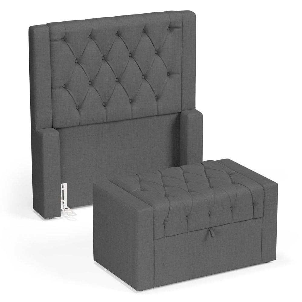 Cabeceira e Calçadeira Báu Solteiro Atena 90cm Capitonê Linho Cinza Escuro - Desk Design