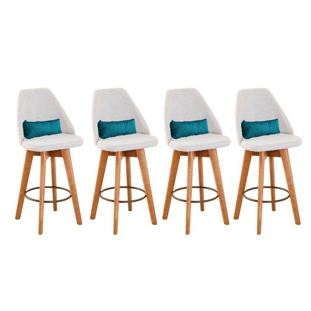 Kit 04 Banquetas Linho Bege E Almofada Suede Azul Turquesa