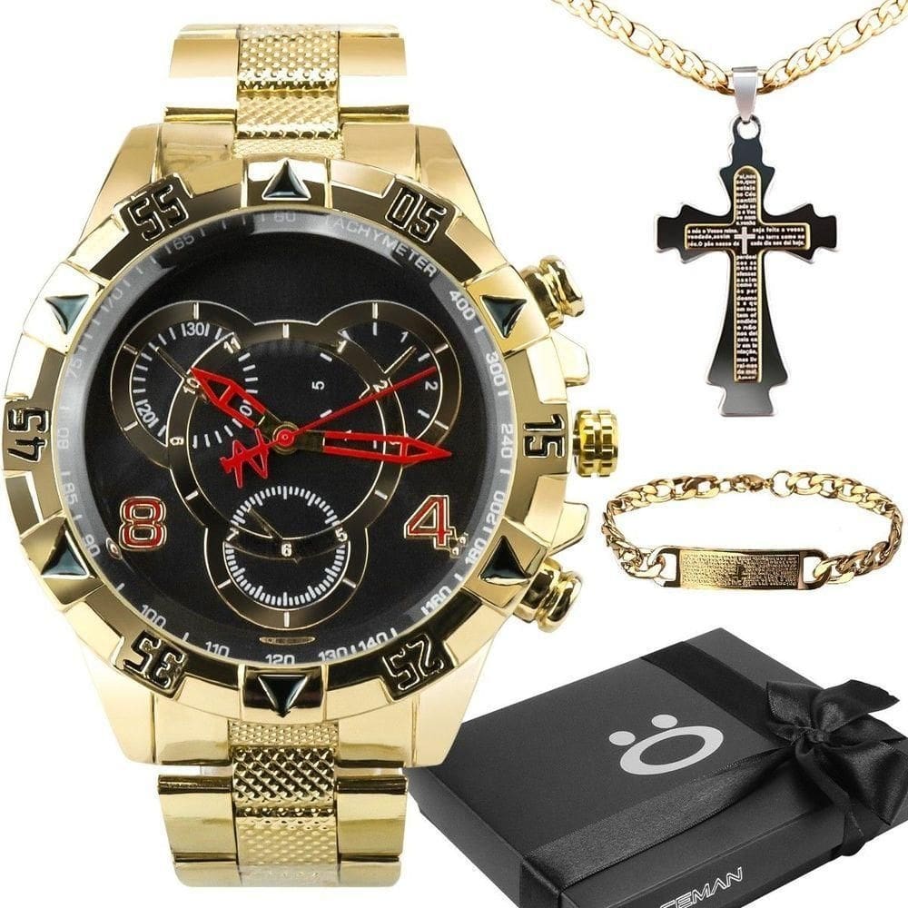 Relogio Prova Dagua Banhado + Caixa + Cordão Cruz + Pulseira Social Robusto Ouro