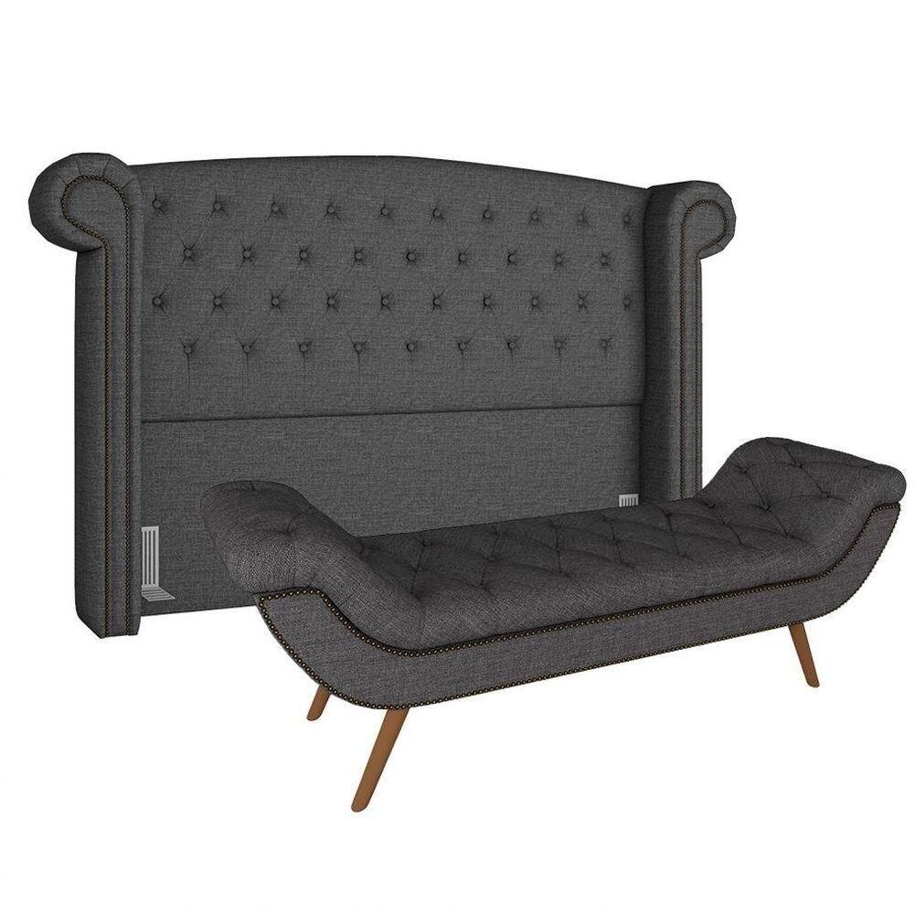 Cabeceira Cama Box Casal King 195cm Provença Com Calçadeira Vêneto P02 Linho Chumbo