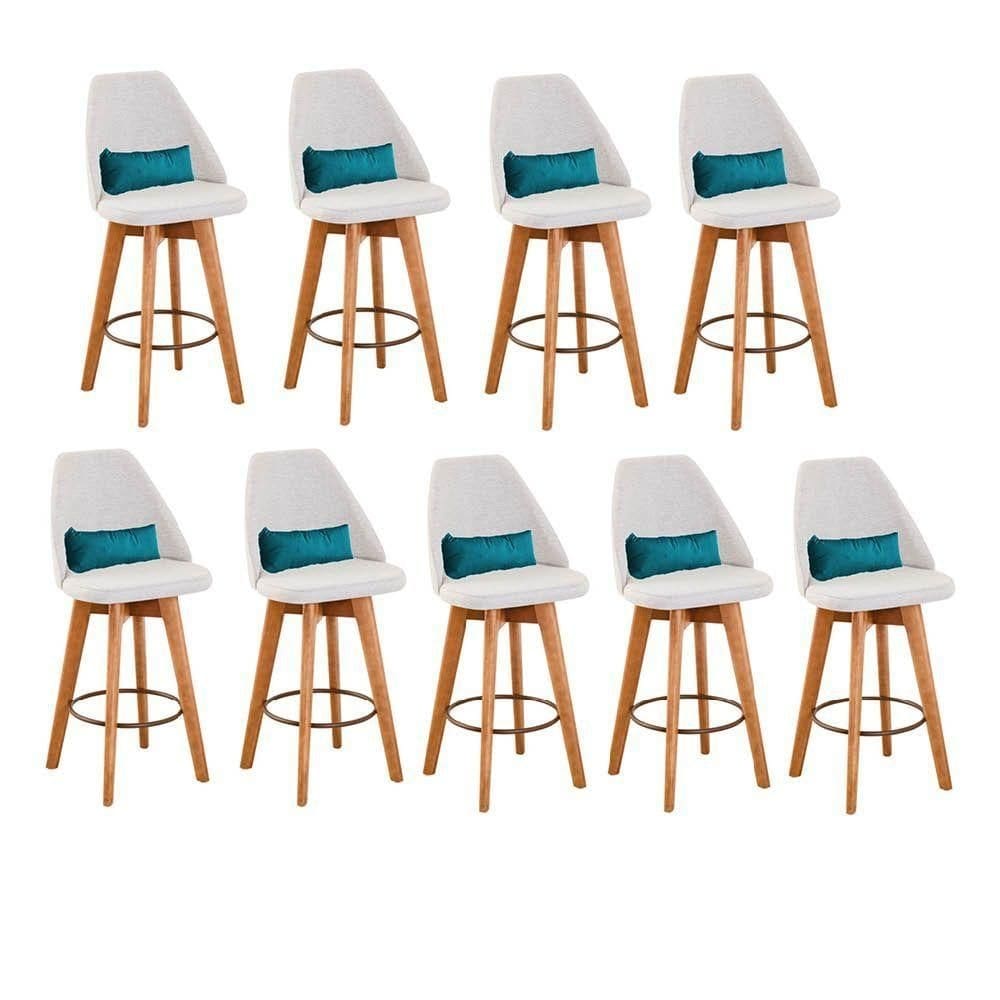 Kit 09 Banquetas Linho Bege E Almofada Suede Azul Turquesa