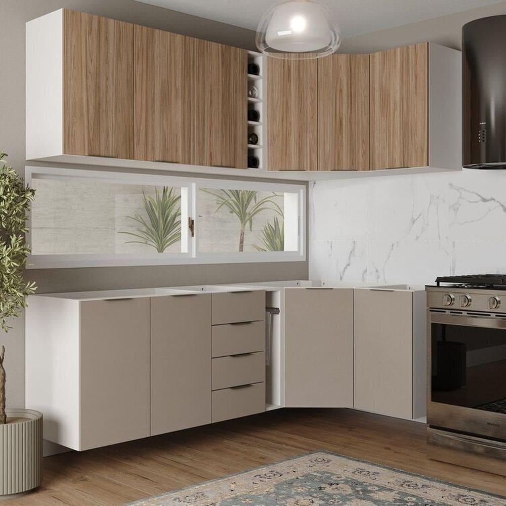 Cozinha Modulada 8 Peças sem Tampo sem Rodapé 4 Aéreos e 4 Balcões Ipanema Cabecasa Madeiramadeira Cinza Trama/ Acácia