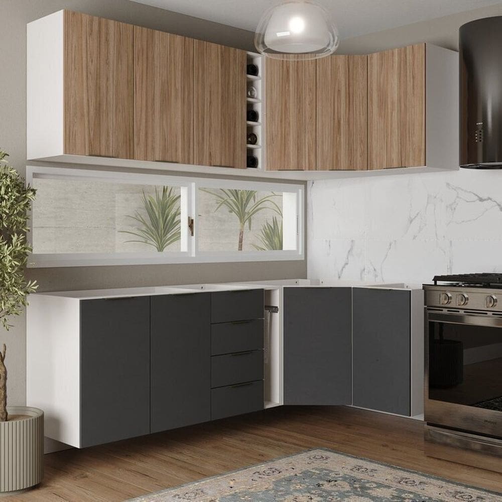 Cozinha Modulada 8 Peças sem Tampo sem Rodapé 4 Aéreos e 4 Balcões Ipanema Cabecasa Madeiramadeira Grafite Trama/ Acácia