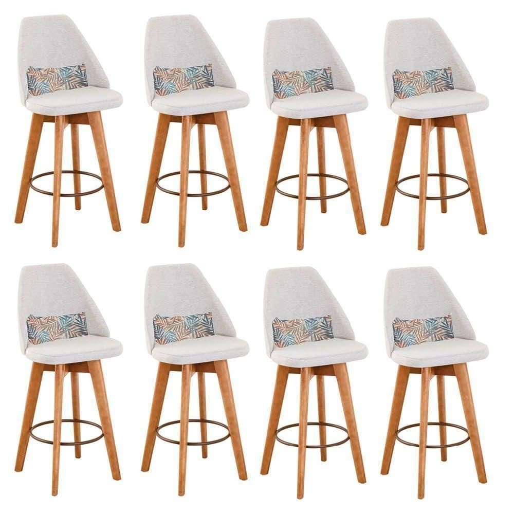 Kit 08 Banquetas Linho Bege E Almofada Folhas