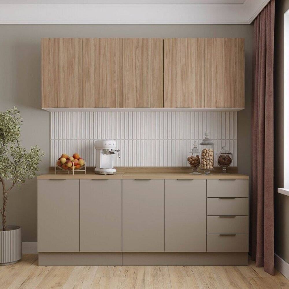 Cozinha Modulada 4 Peças com Tampo com Rodapé 2 Aéreos e 2 Balcões Ipanema Cabecasa Madeiramadeira Cinza Trama/ Acácia