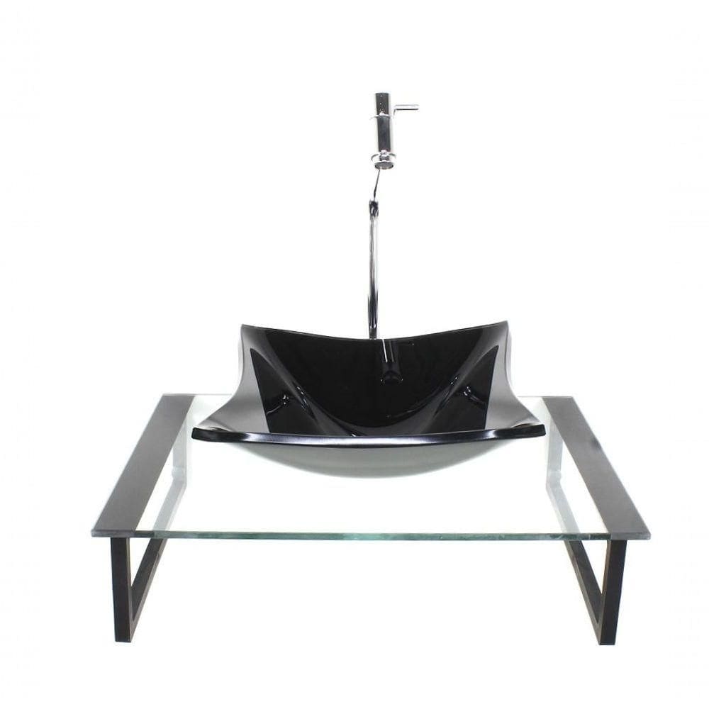 Kit Cuba De Vidro Quadrada 10mm Com Tampo 50cm Preto E Suporte Preto