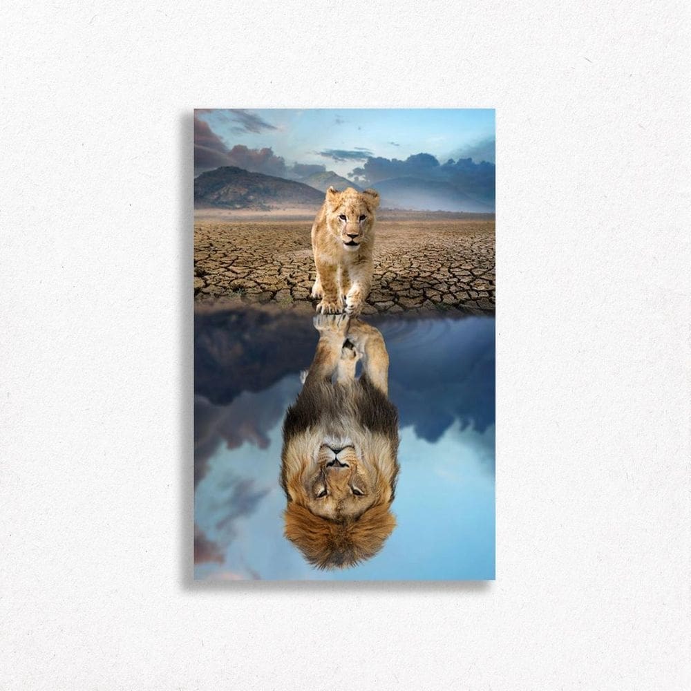 Quadro Decorativo Leão Filhote Lago Savana Montanha Natureza