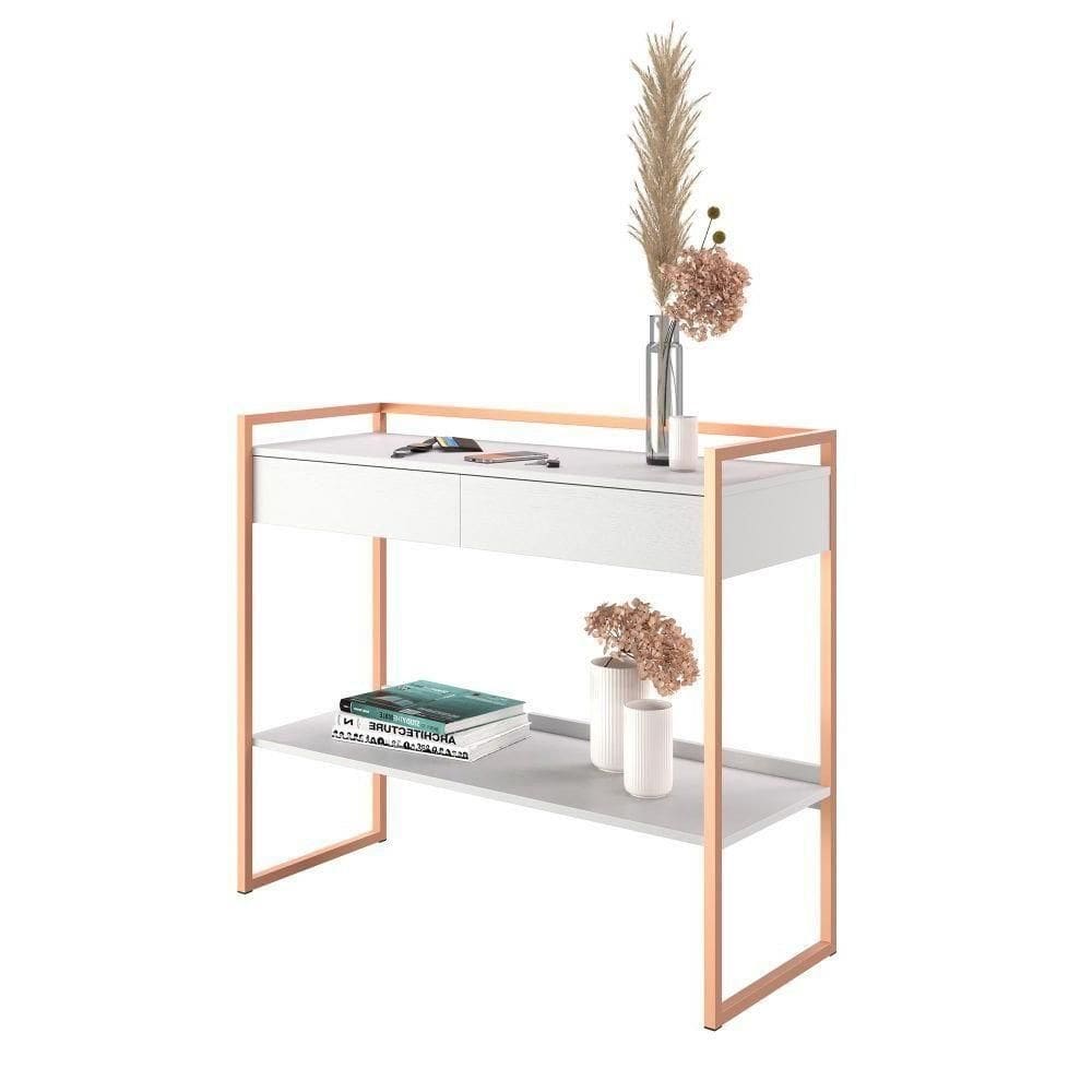 Aparador Industrial Moderno Com 2 Gavetas Branco Cobre
