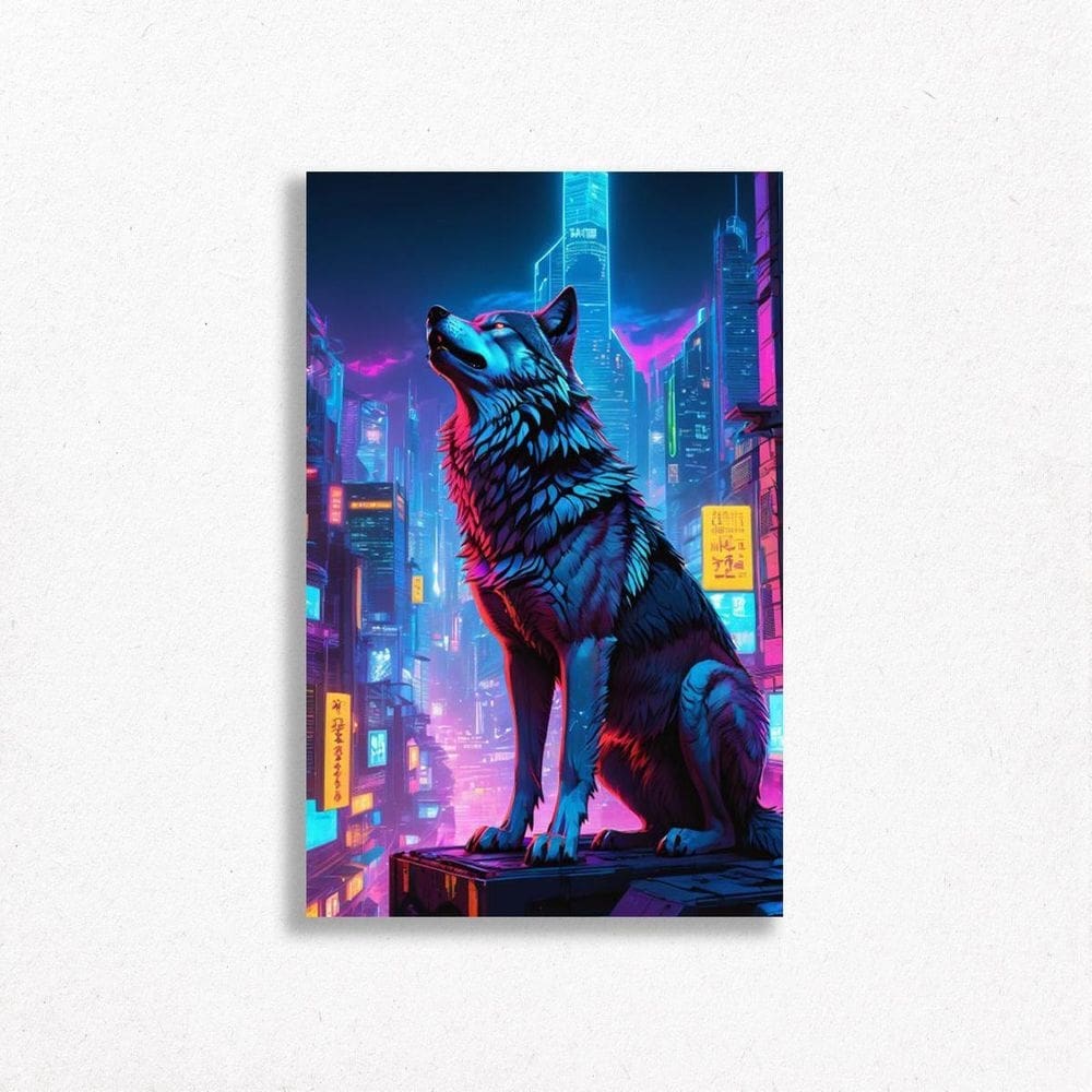 Quadro Decorativo Lobo Galáxia Espaço Japão Neon Cyberpunk