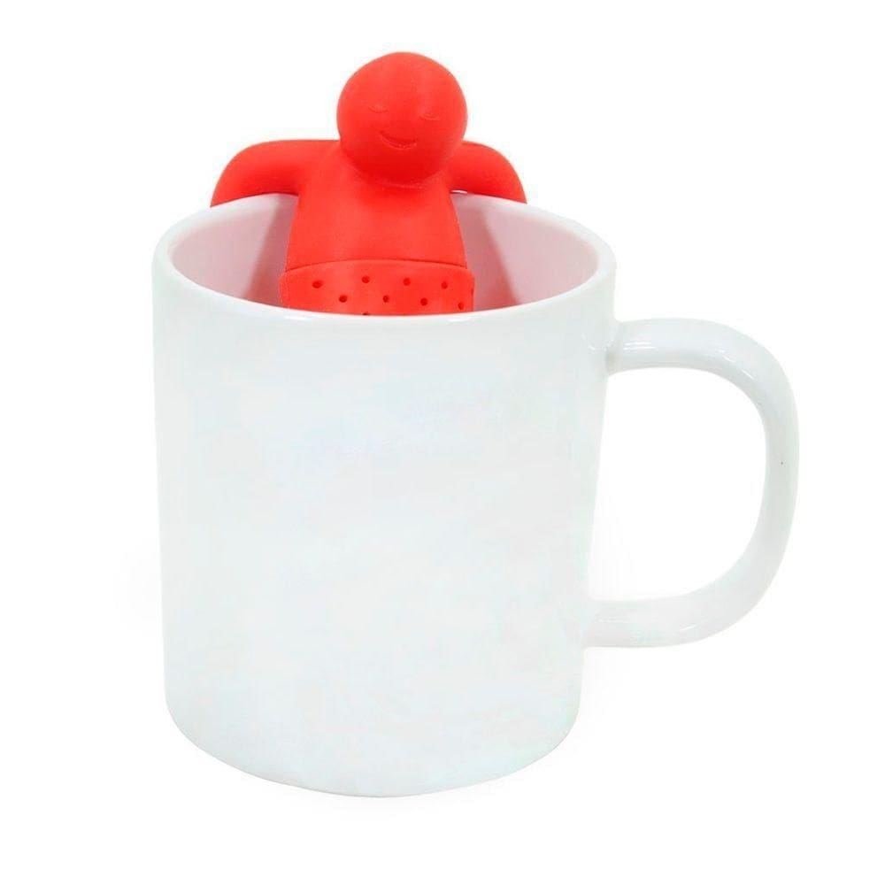 Kit Caneca Reta Colours Branca Cerâmica 330ml E Boneco Infusor De Chá Silicone