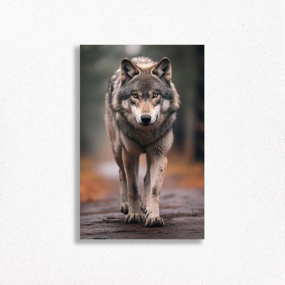 Quadro Decorativo Lobo Foco, Determinação Cinza Floresta