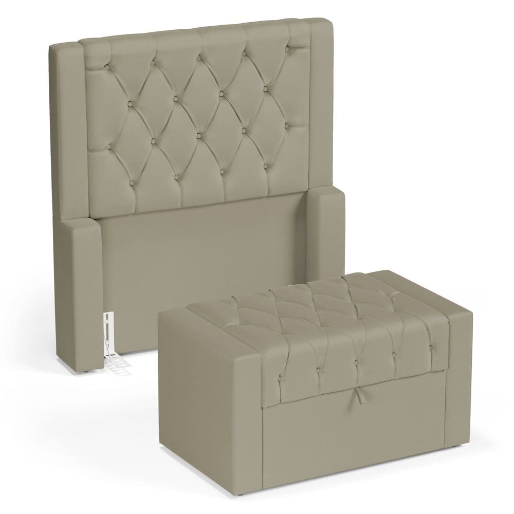 Cabeceira e Calçadeira Báu Solteiro Atena 90cm Capitonê Veludo Bege - Desk Design