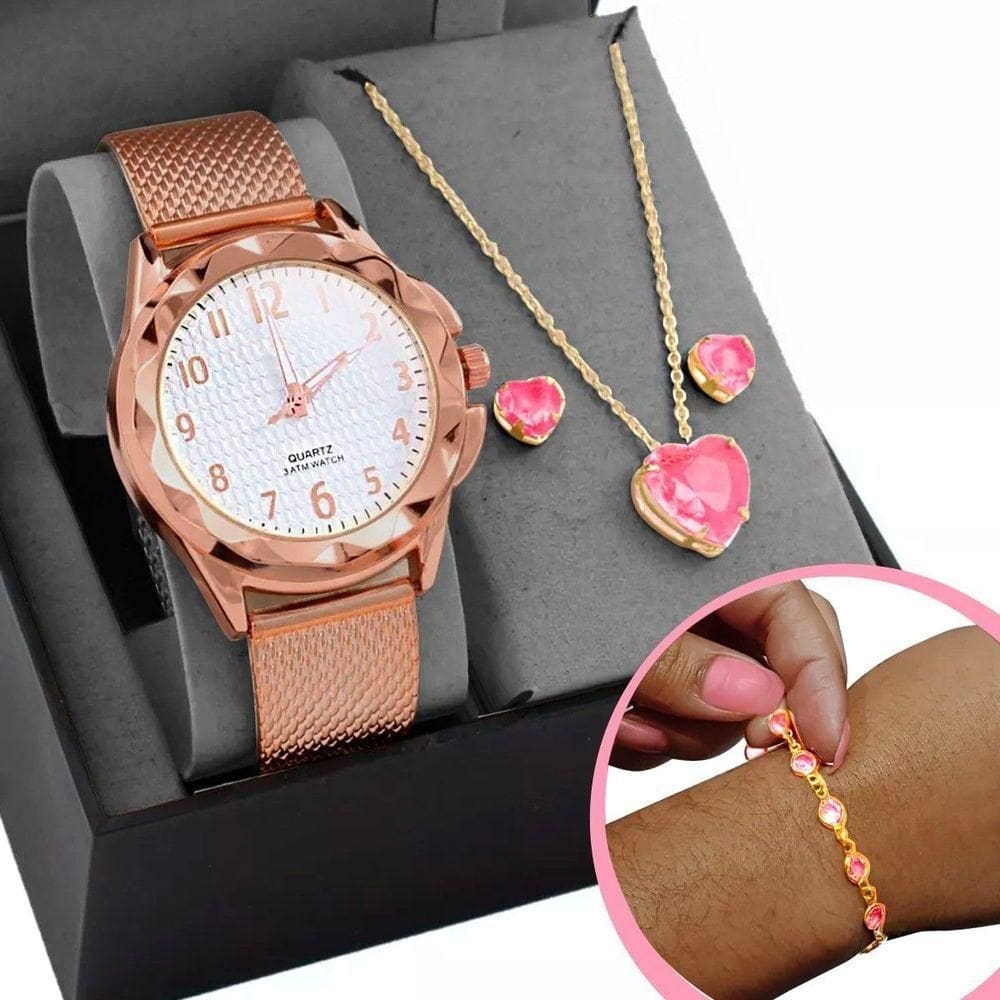 Caixa + Relogio Feminino Prova Dagua Banhado + Colar + Pulseira Presente Moda Zirconia Social Rose