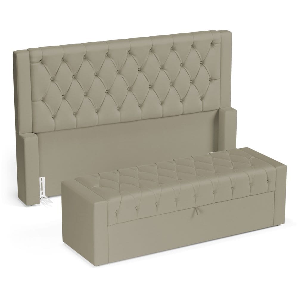 Cabeceira e Calçadeira Báu King Size Atena 195cm Capitonê Veludo Bege - Desk Design