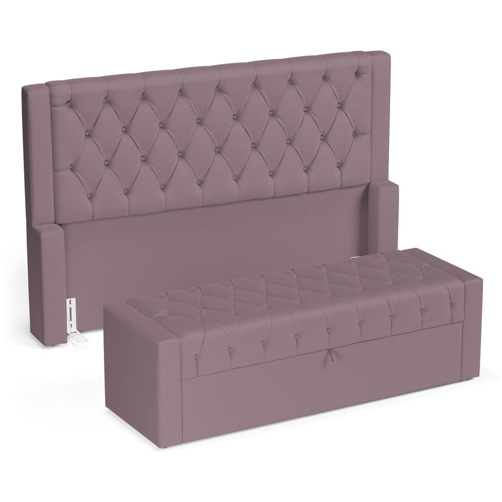 Cabeceira e Calçadeira Báu King Size Atena 195cm Capitonê Veludo Rosê - Desk Design