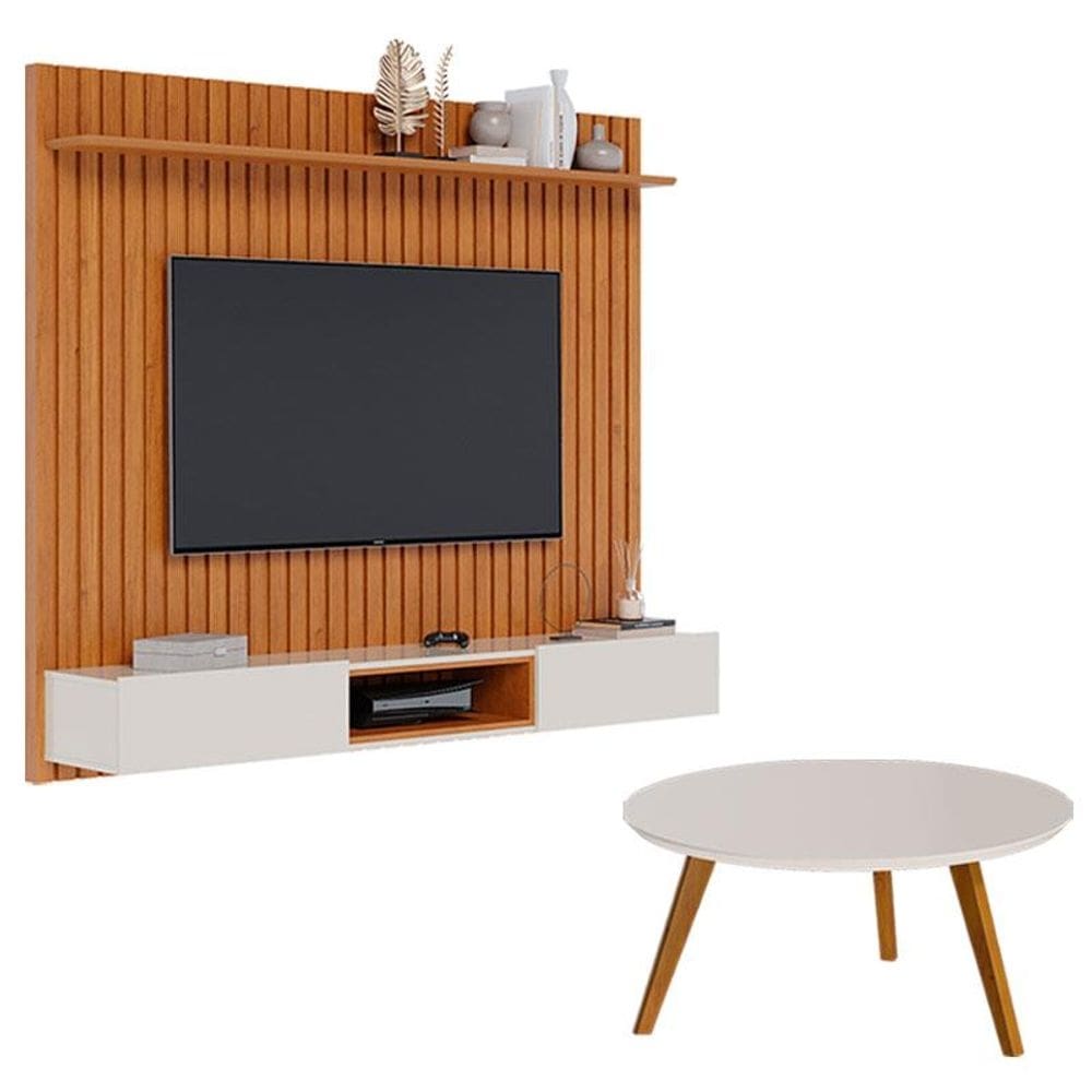 Painel Suspenso Loft 1.8 com Mesa de Centro Classic Redonda Nature Off White - Imcal