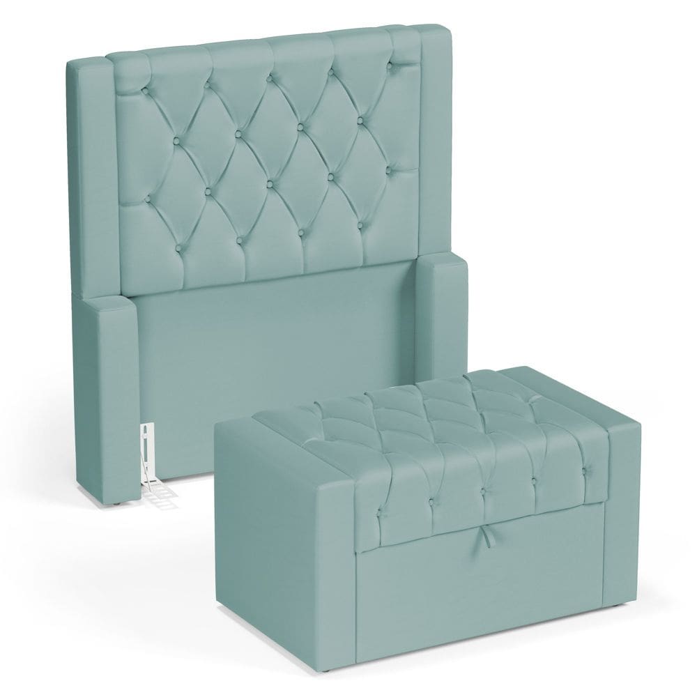 Cabeceira e Calçadeira Báu Solteiro Atena 90cm Capitonê Veludo Acqua - Desk Design