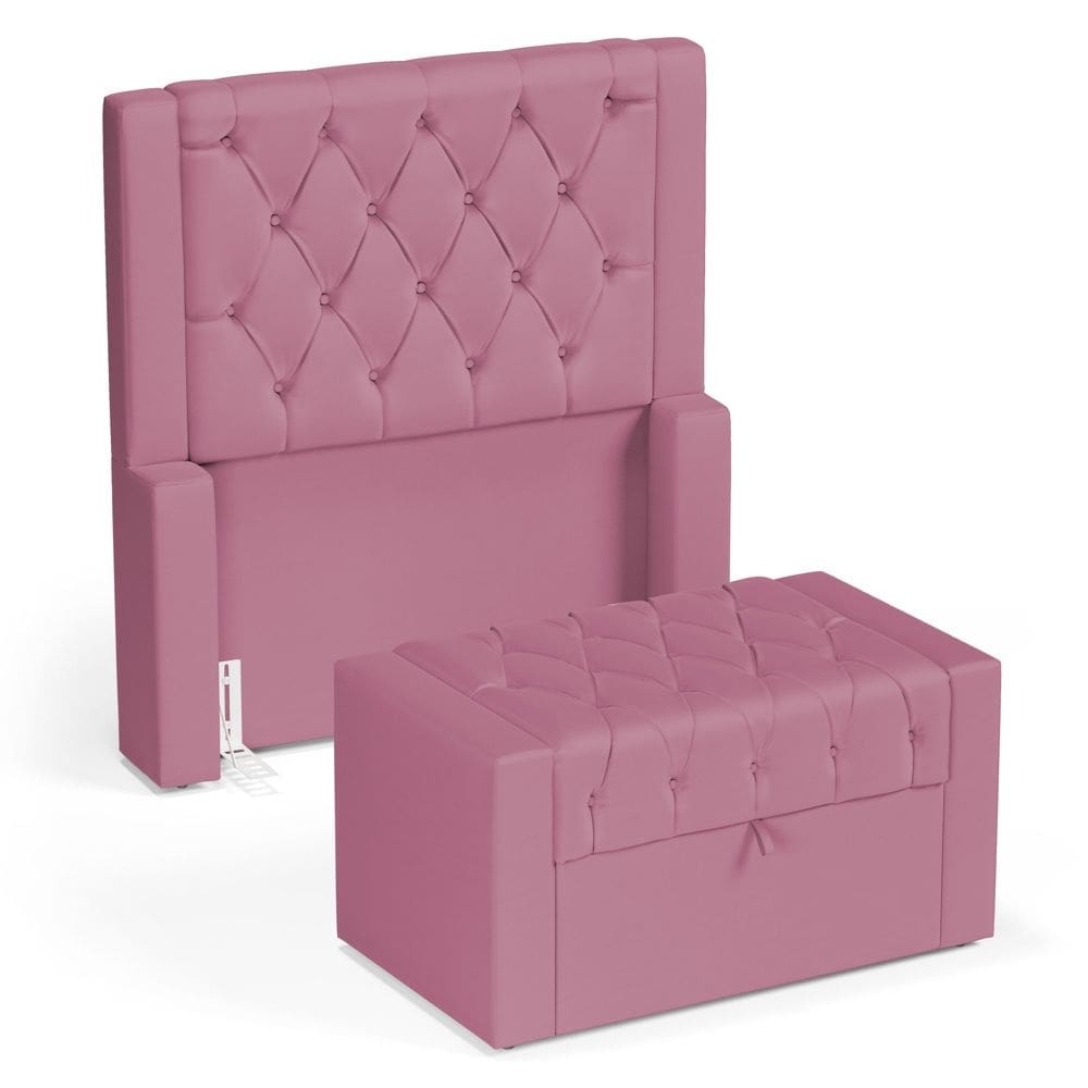 Cabeceira e Calçadeira Báu Solteiro Atena 90cm Capitonê Suede Rosa - Desk Design