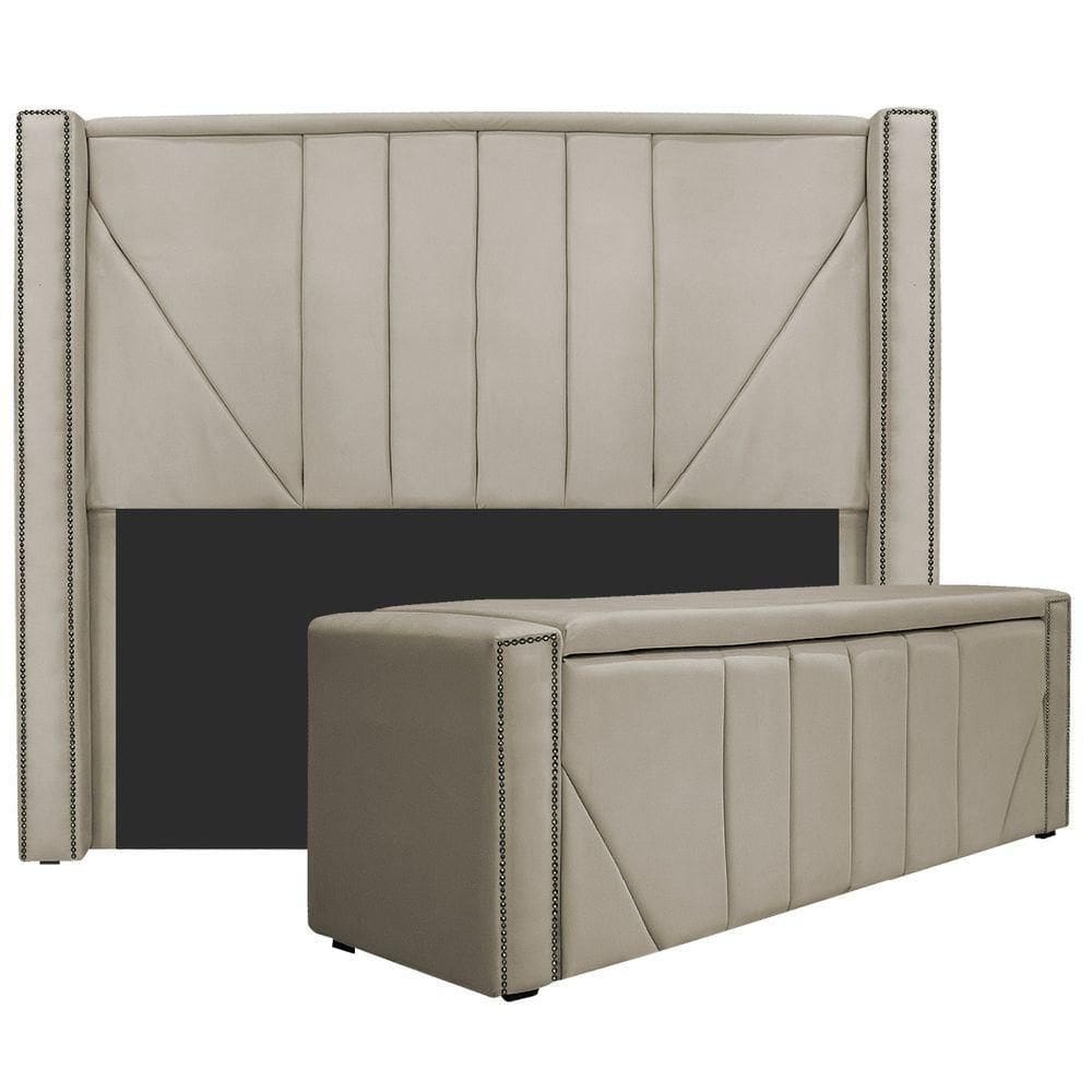 Kit Cabeceira E Calçadeira Baú Queen 160cm Suede Bege
