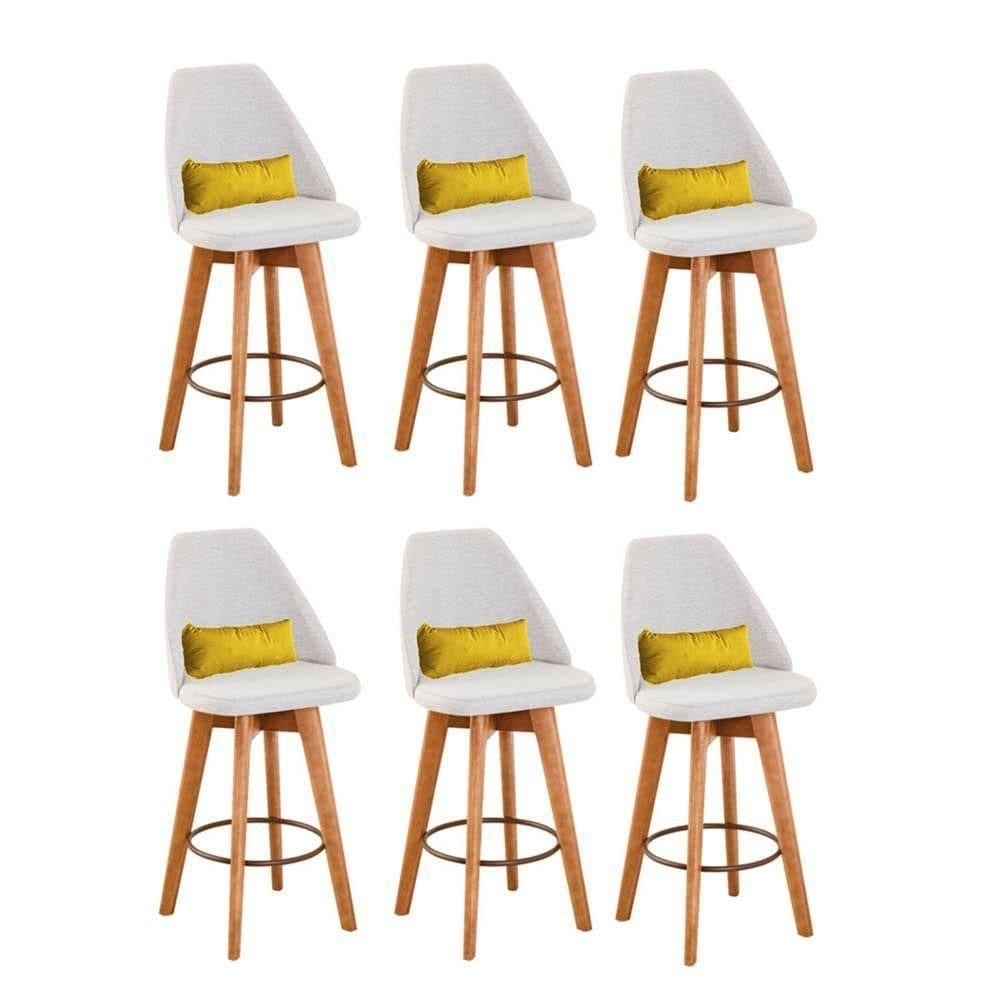 Kit 06 Banquetas Linho Bege E Almofada Suede Amarelo