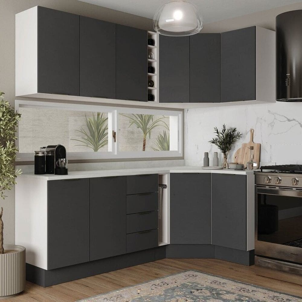 Cozinha Modulada 8 Peças com Tampo com Rodapé 4 Aéreos e 4 Balcões Ipanema Cabecasa Madeiramadeira Grafite Trama