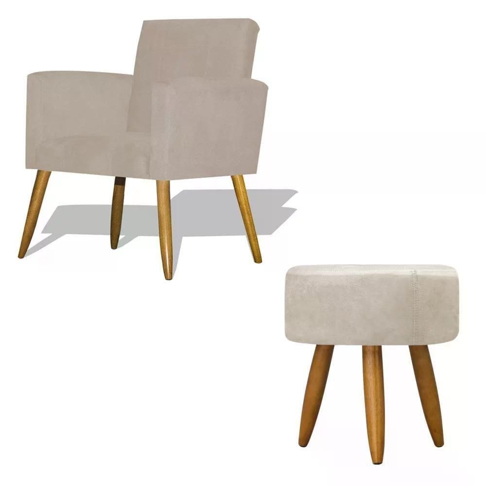 Kit Poltrona Decorativa Nina Com Puff Redondo - Bege Bege