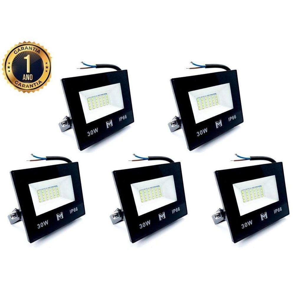 Kit 5 refletores led 30w holofote prova d`água frio