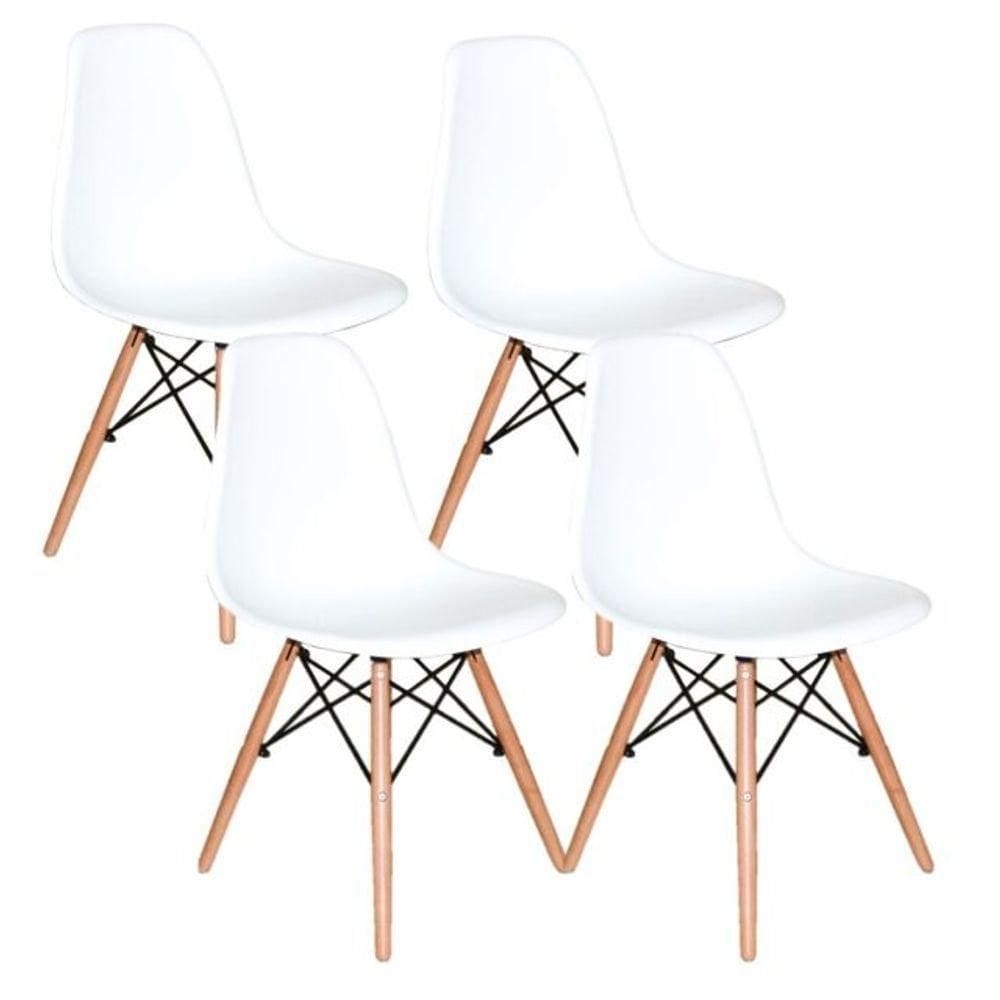 Kit C-4 Cadeira De Cozinha Eames Pés Madeira Dsw Branca
