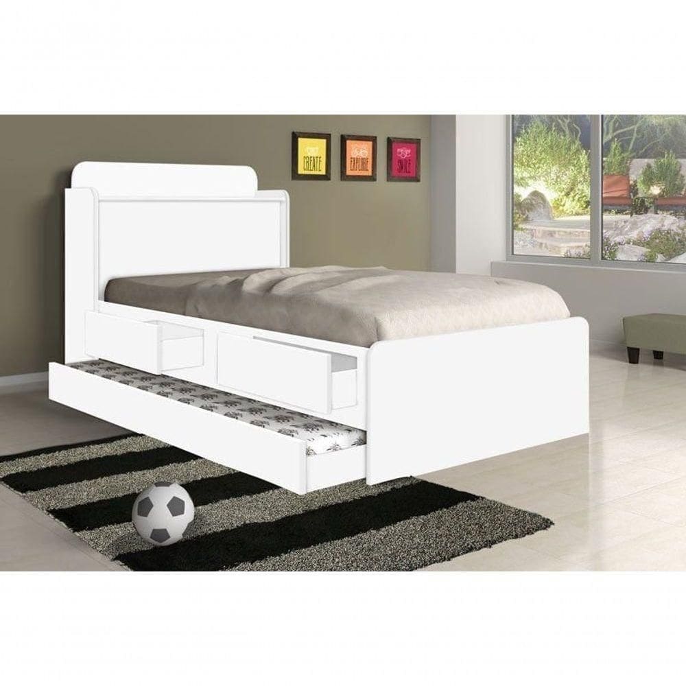 Cama Tamires Solteiro 0,88cm C/ Auxiliar Branco E 2 Colchões