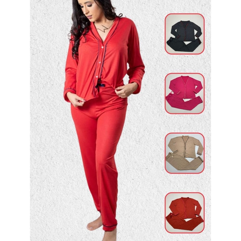 Pijama Americano Calça Longa de Malha Suede com Abertura Frontal