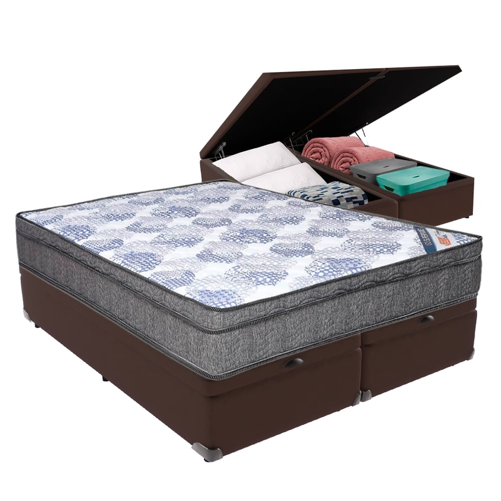 Cama Box Queen Baú Marrom Colchão Ortobom ISOSuperpocket