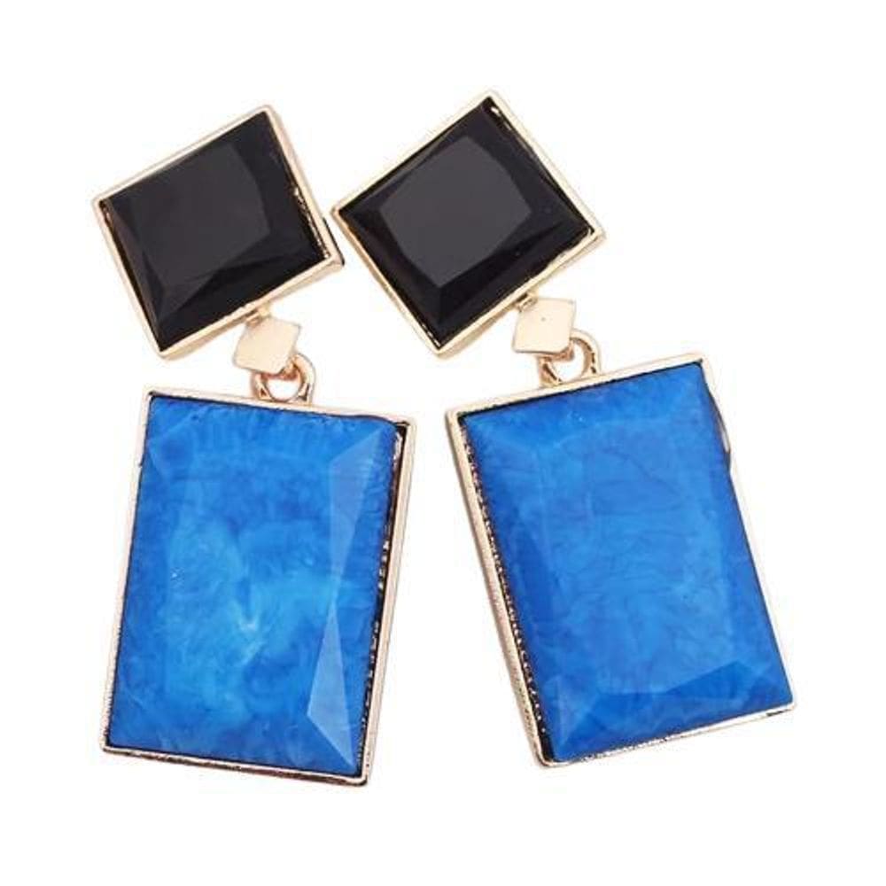 Brincos quadrado retangular grande azul com dourado