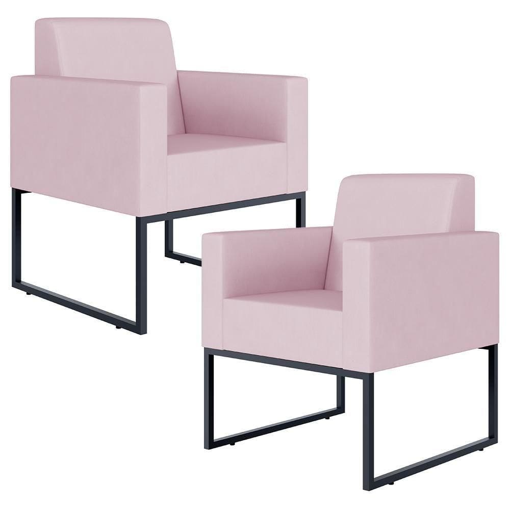 Kit 02 Poltronas Recepção Base Fixa De Metal Suede Rosê