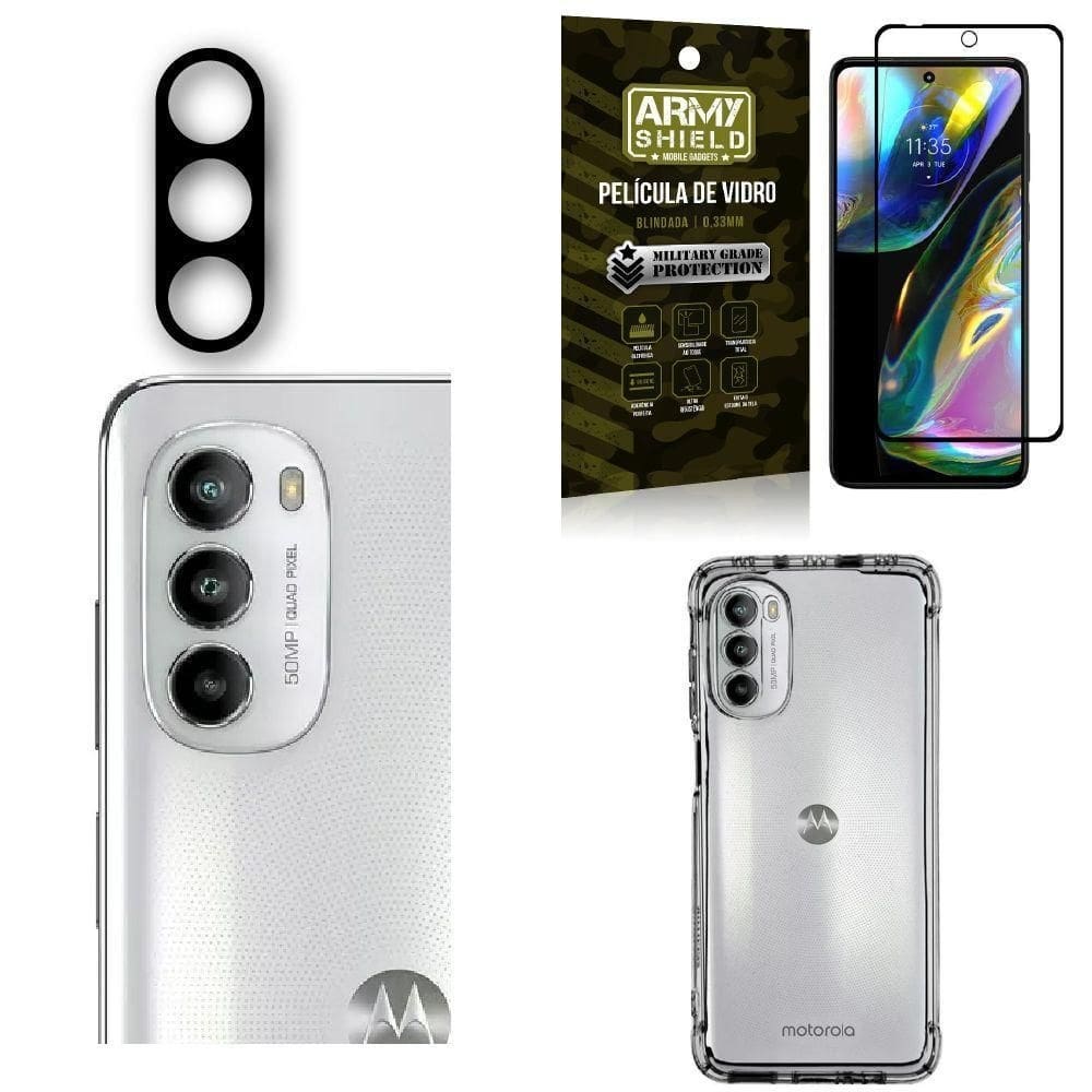 Kit capinha moto g82 + película de câmera + película 3d