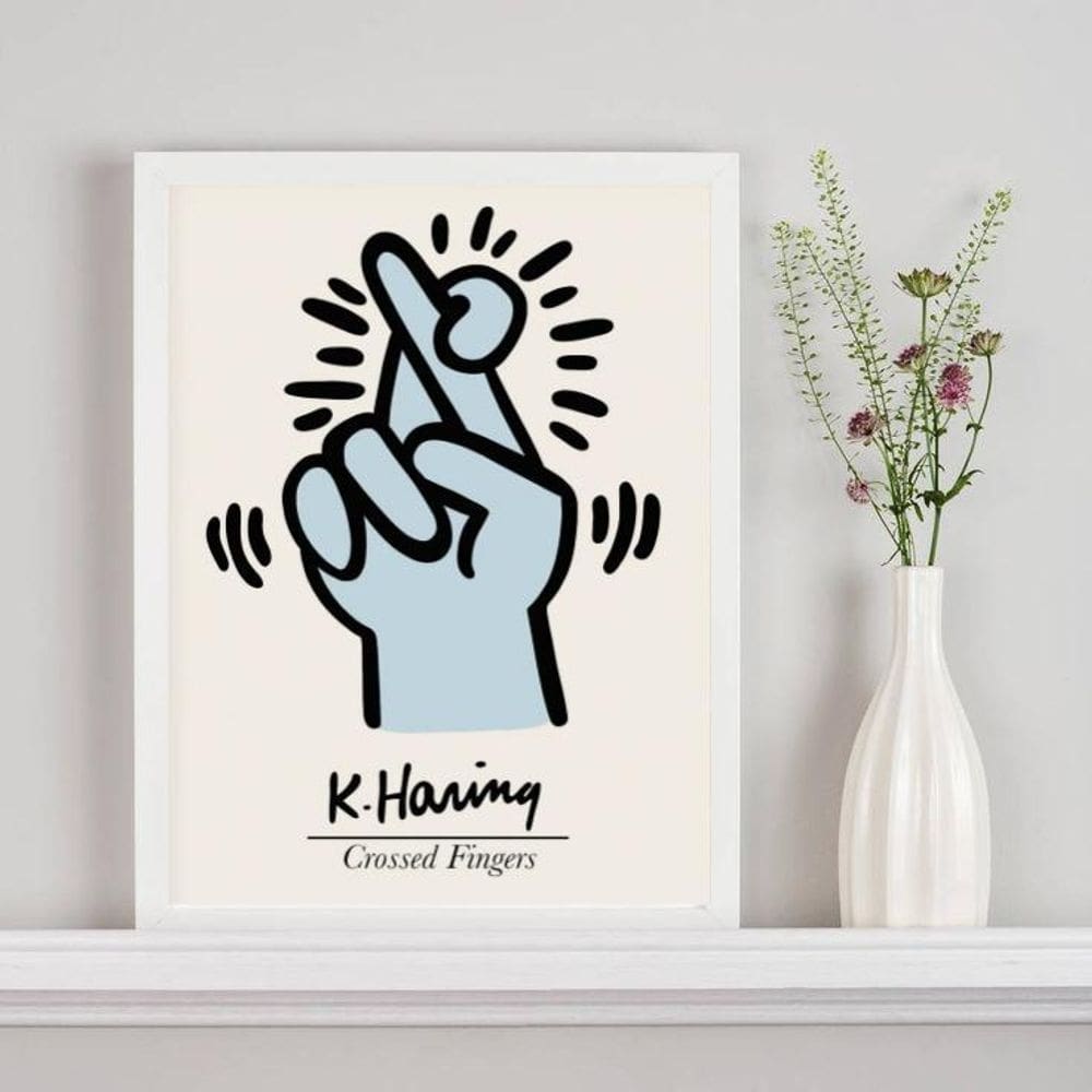 Quadro Keith Haring Crossed Fingers - Azul 24X18Cm