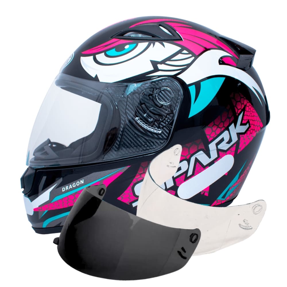 Capacete Ebf Spark Dragon Preto Rosa Mais Viseira Fumê e Cristal