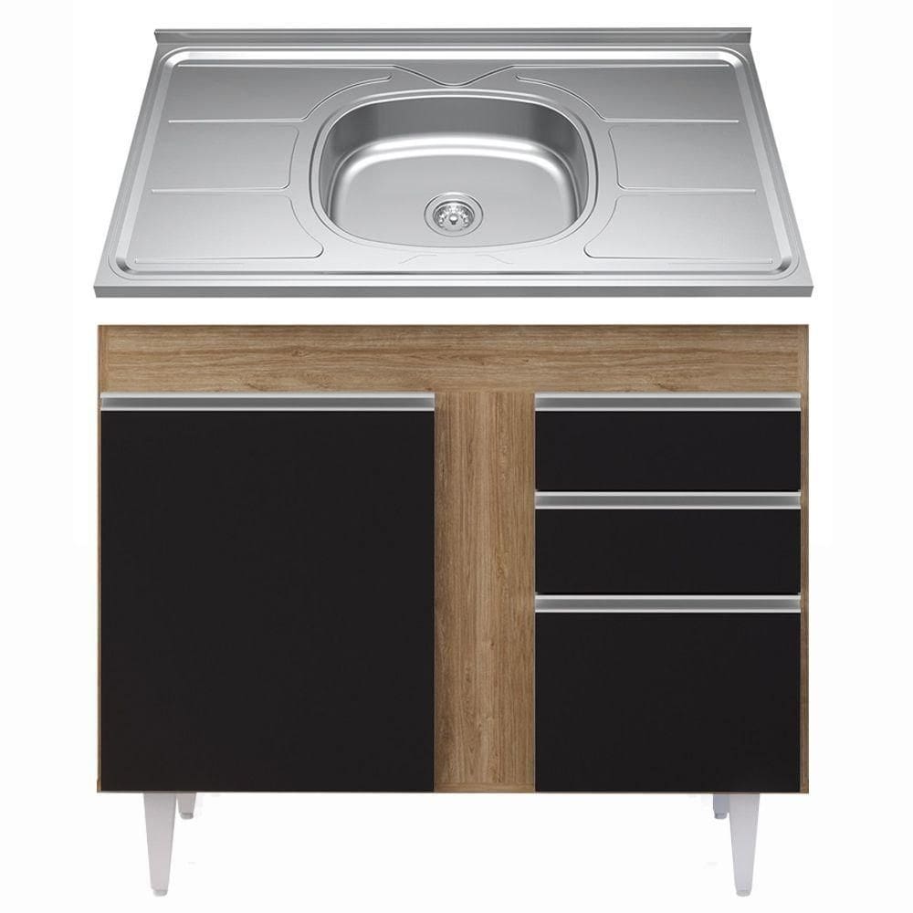 Balcão Gabinete Com Pia Inox 100cm 3 Portas 2 Gavetas preto
