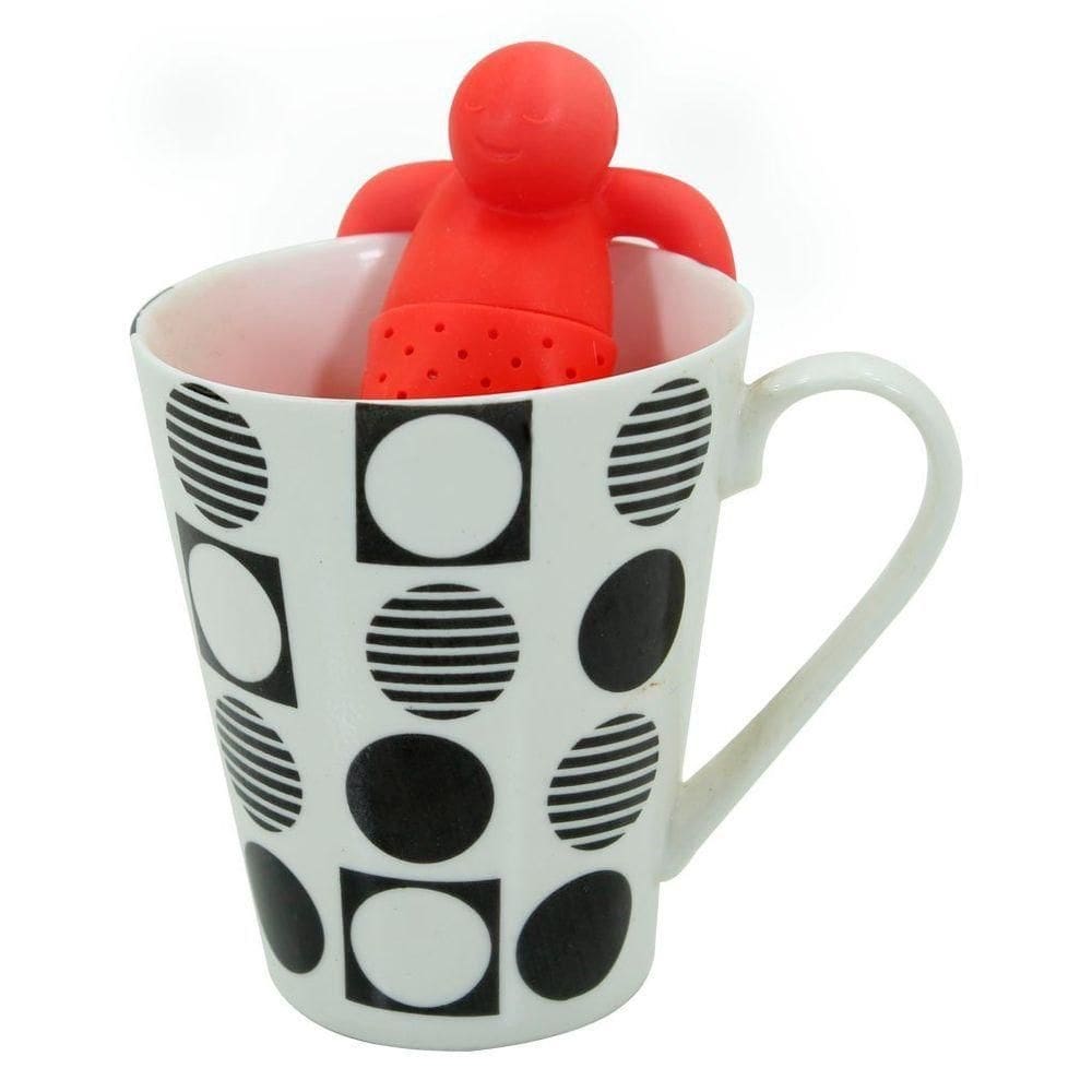 Kit Caneca Poá Bolinhas Monocromática Cerâmica 330ml E Boneco Infusor De Chá Silicone